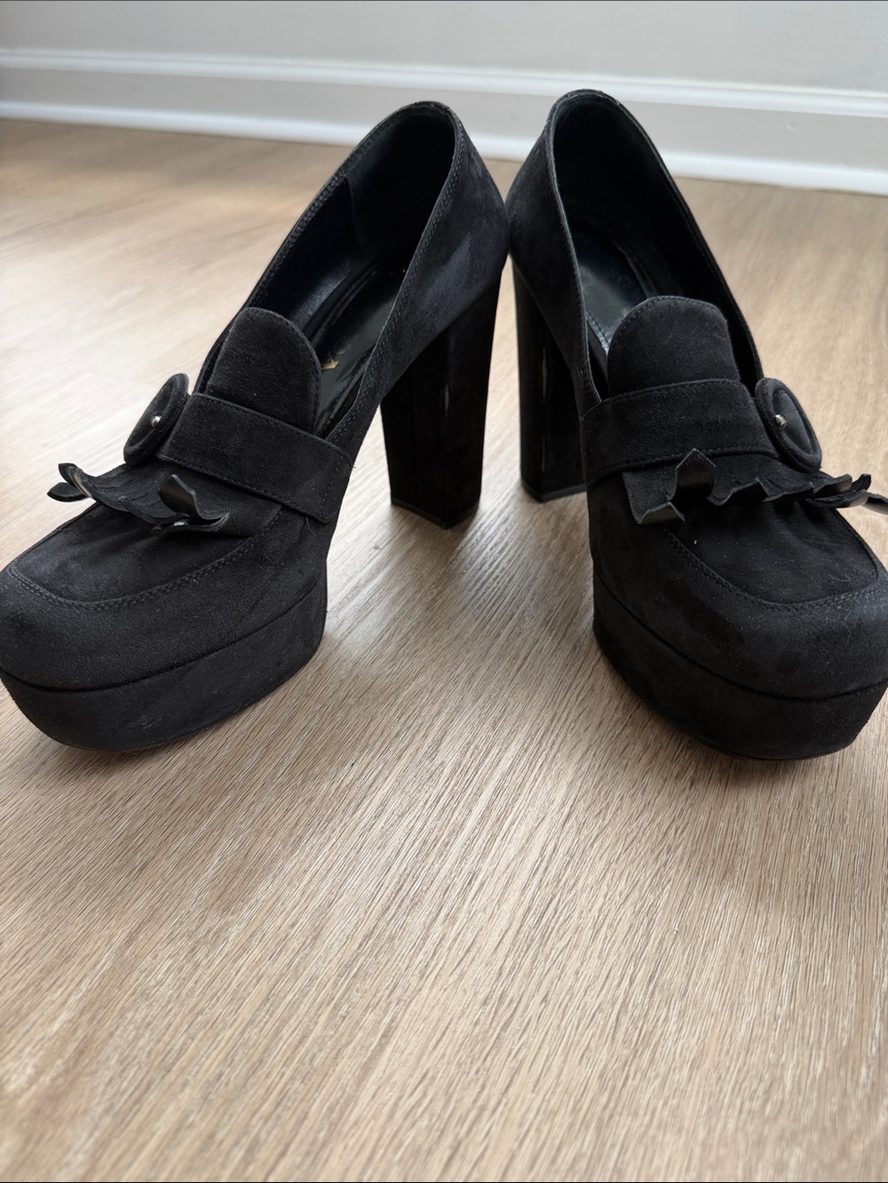 Prada Black Suede Platform Loafer Pumps Block Heel EU 39 Made in Italy